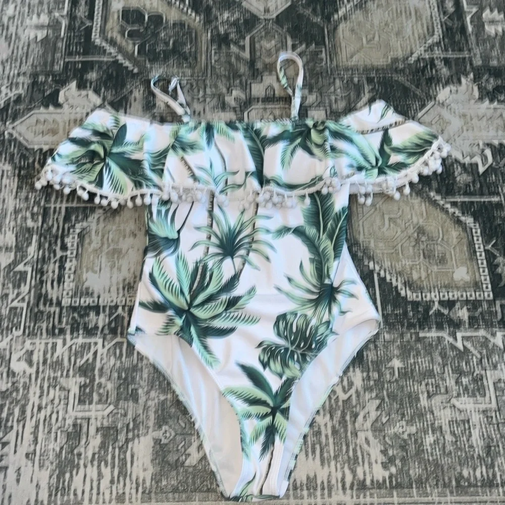 Shein Tropical Pom-Pom Trim Flounce One Piece Swimsuit size small